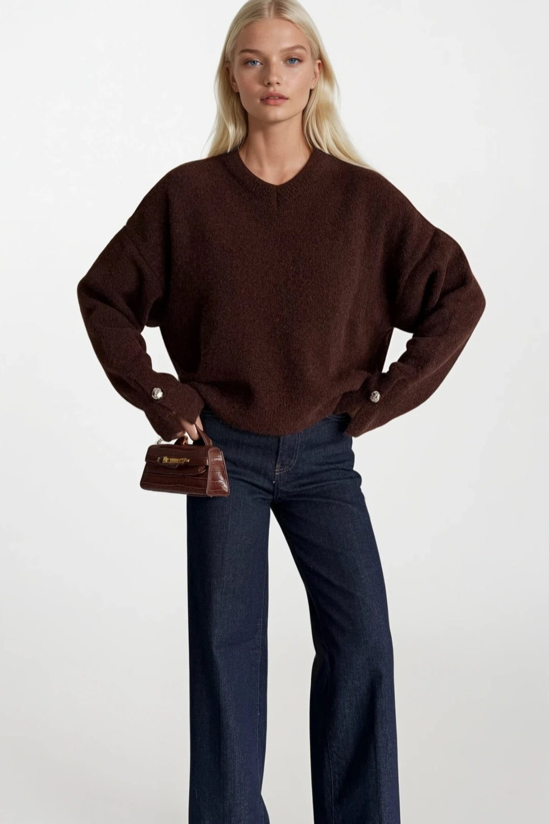 V Yaka Manşet Aksesuar Detay Kahverengi Triko Kazak