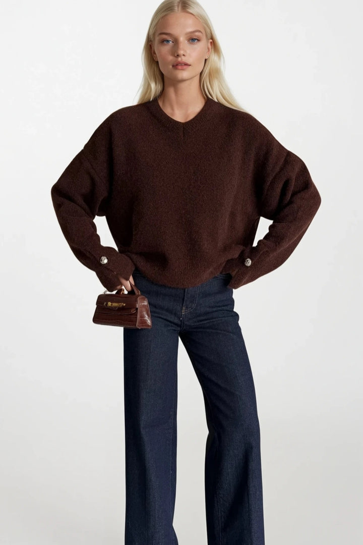 V Yaka Manşet Aksesuar Detay Kahverengi Triko Kazak