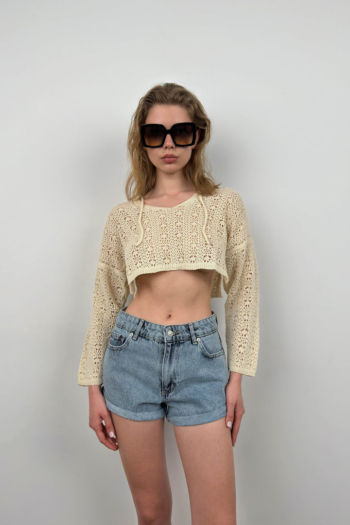 V Yaka Örgü Ekru Crop Kazak