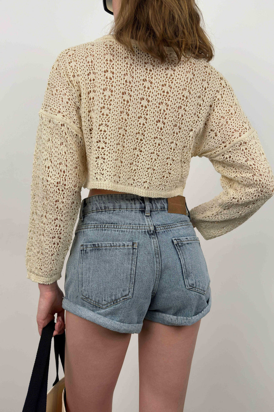 V Neck Knitted Ecru Crop Sweater 