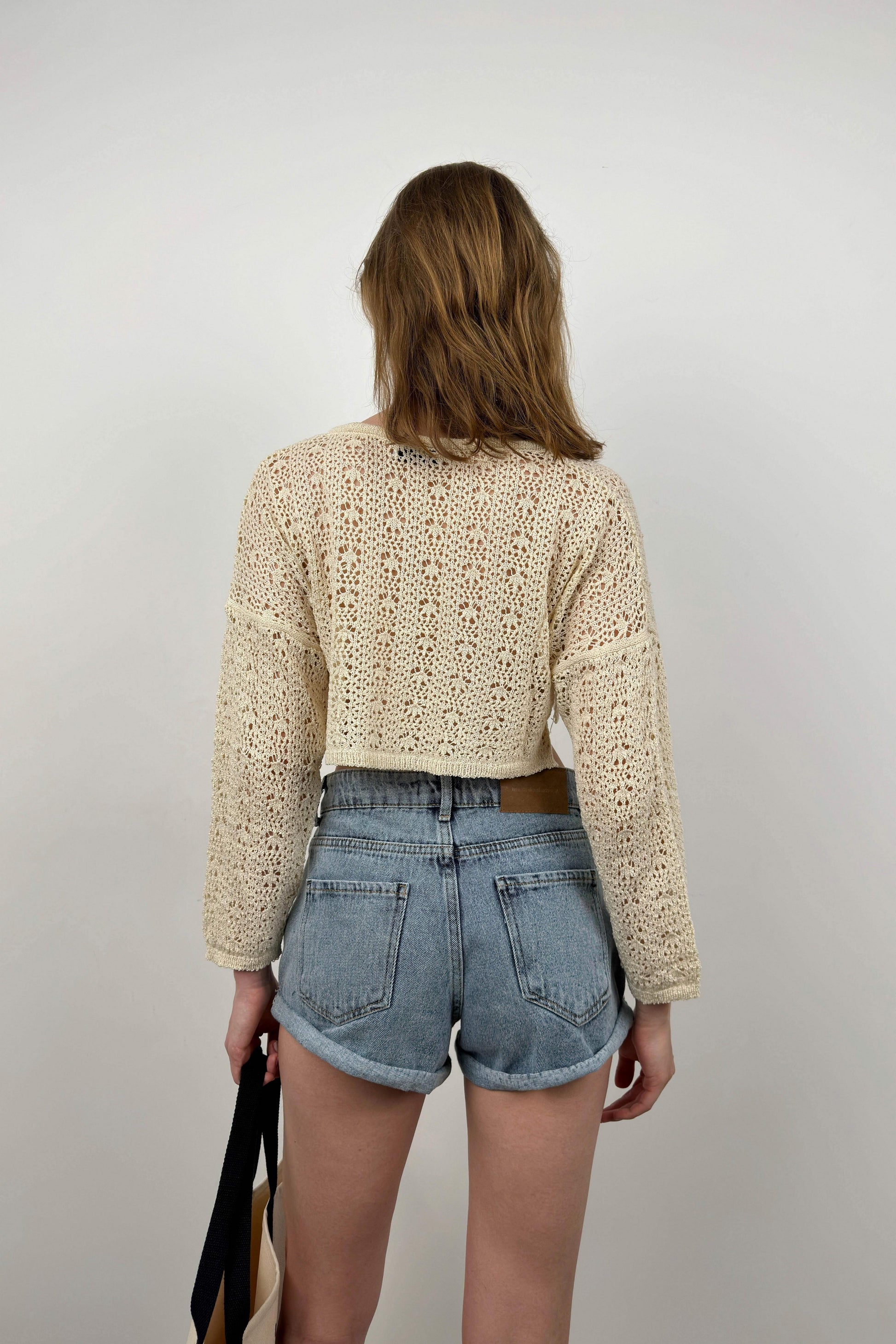 V Neck Knitted Ecru Crop Sweater 