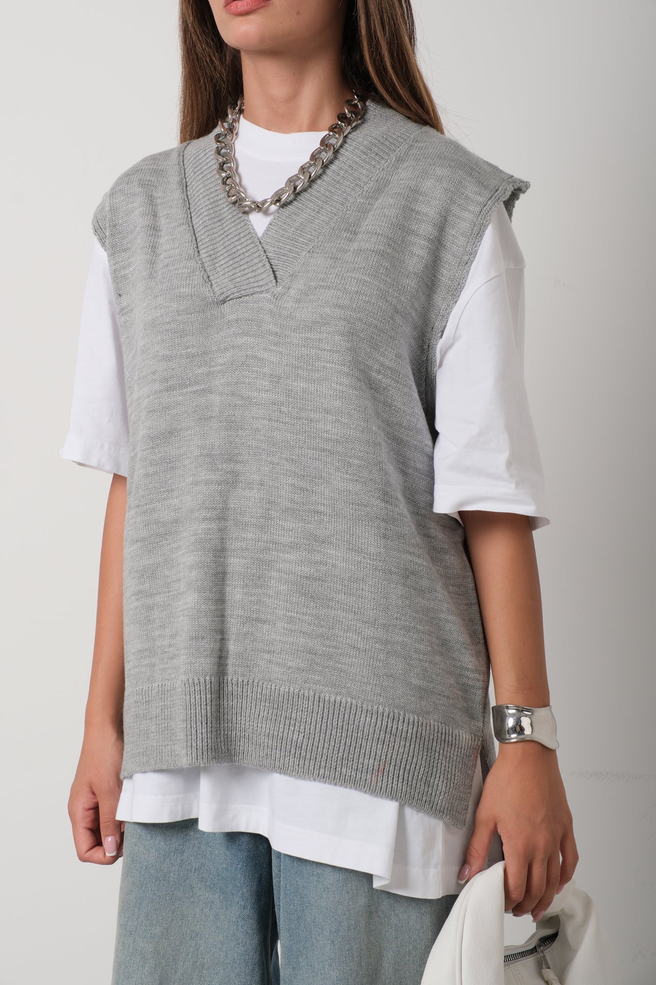 V Neck Oversize Gray Sweater 