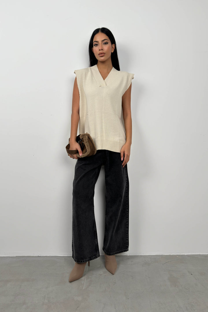 V Yaka Bej Oversize Süveter
