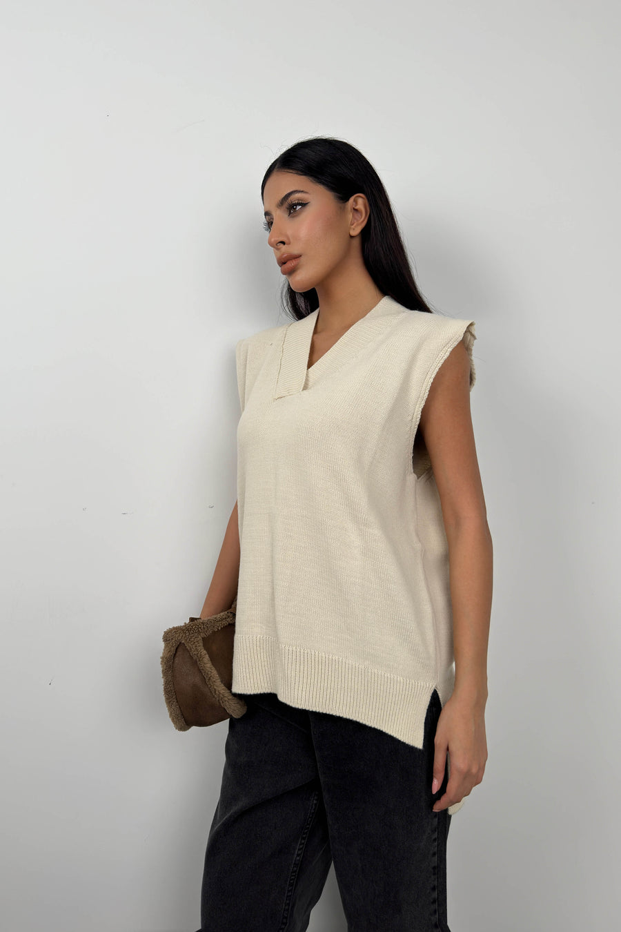 V Neck Beige Oversize Sweater 