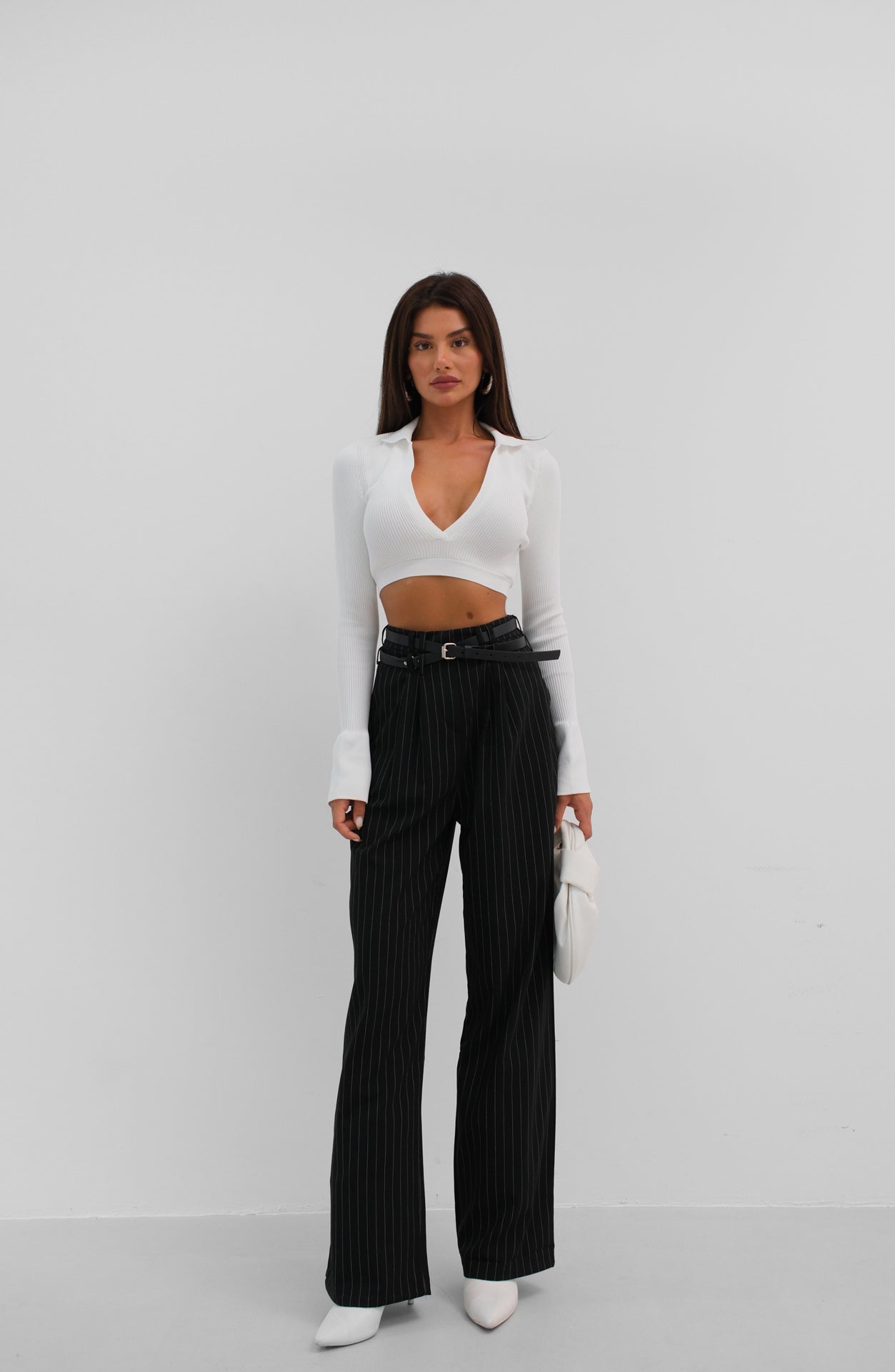 V Neck Polo Neck Crop White Sweater 