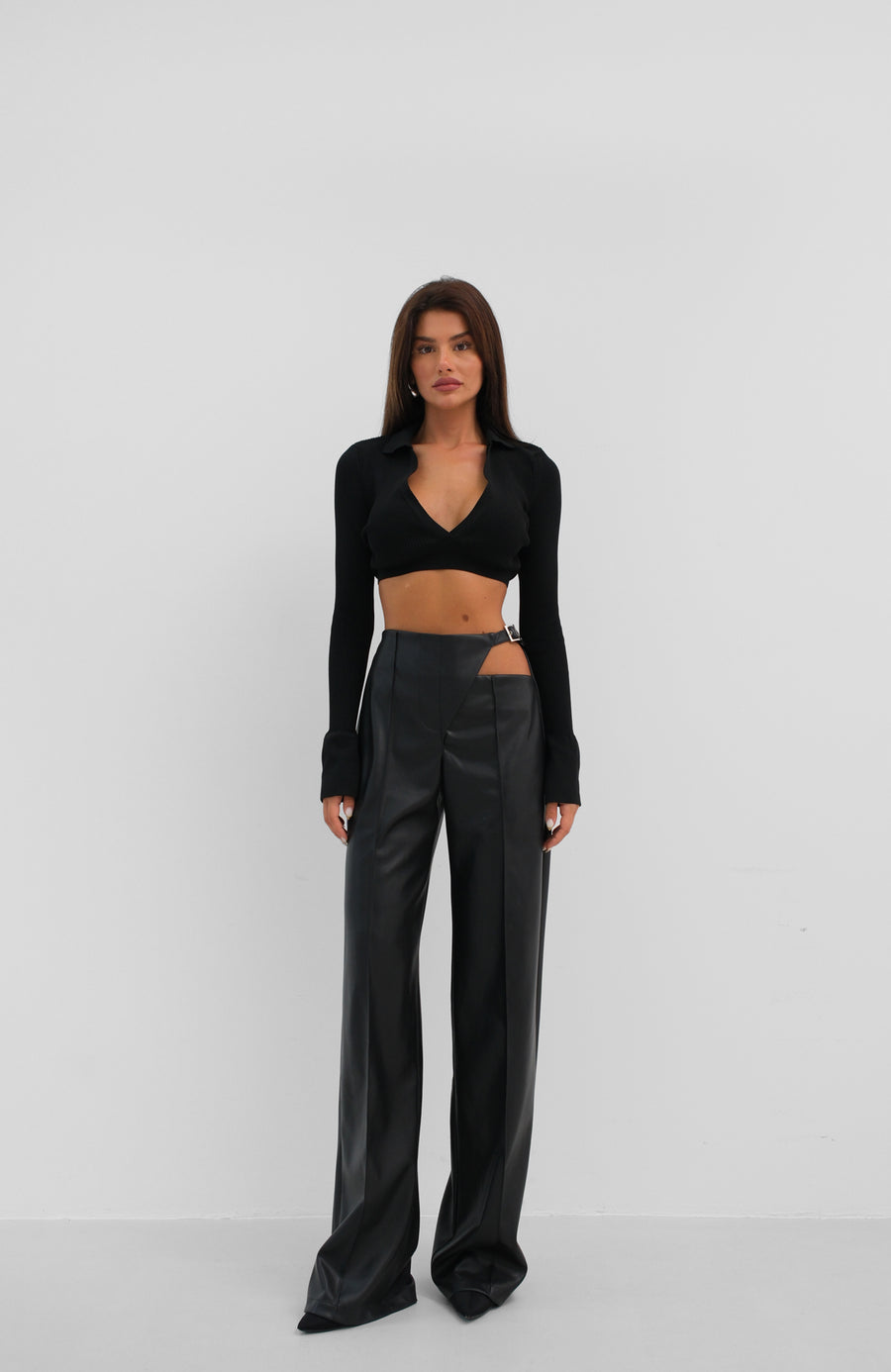 V Neck Polo Neck Crop Black Sweater 