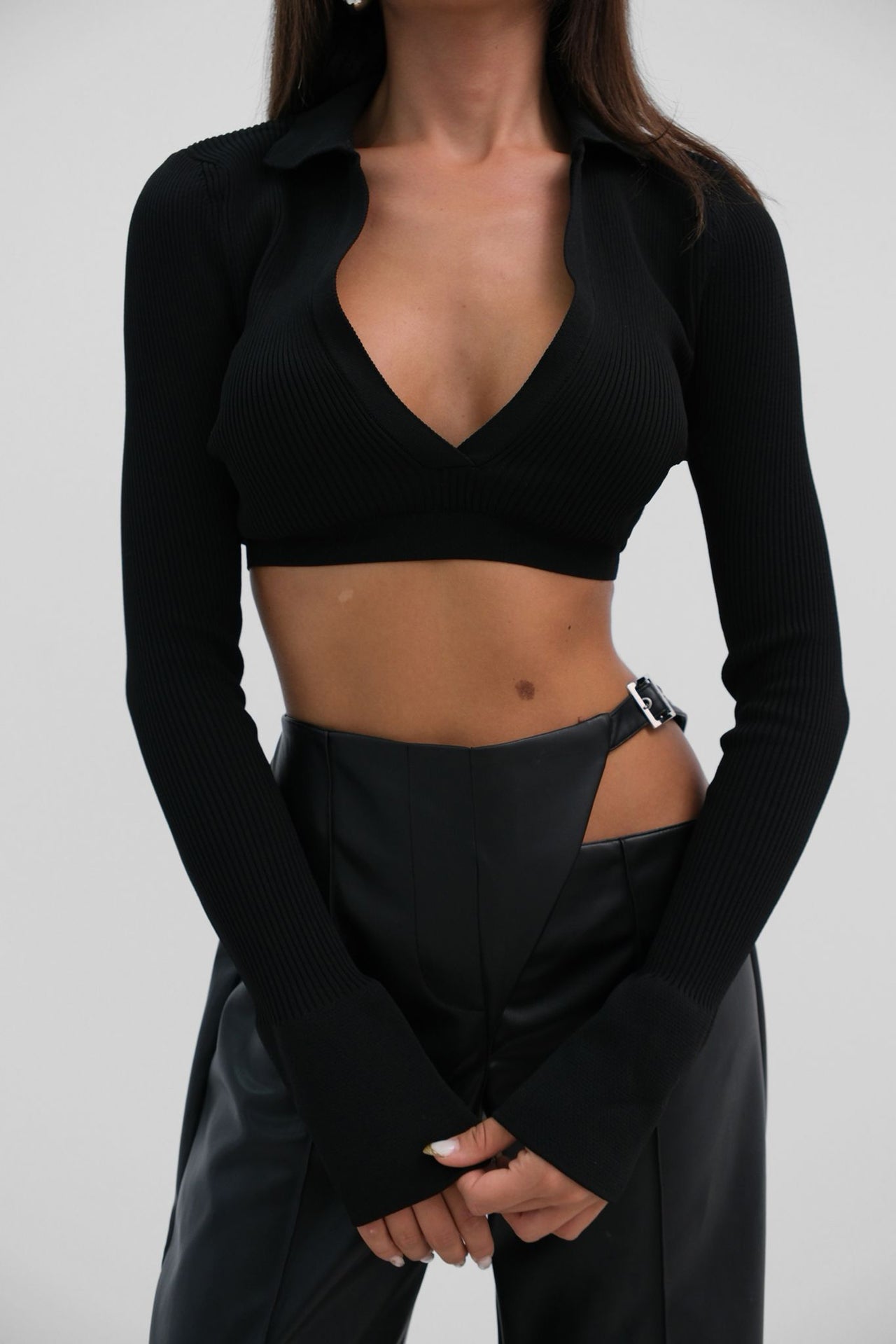 V Neck Polo Neck Crop Black Sweater 