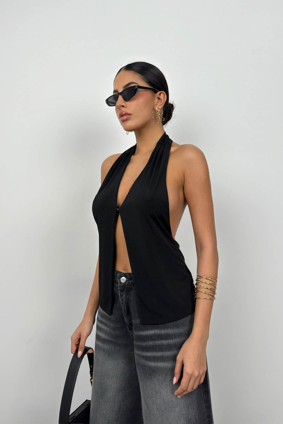 V Neck Backless Black Blouse 