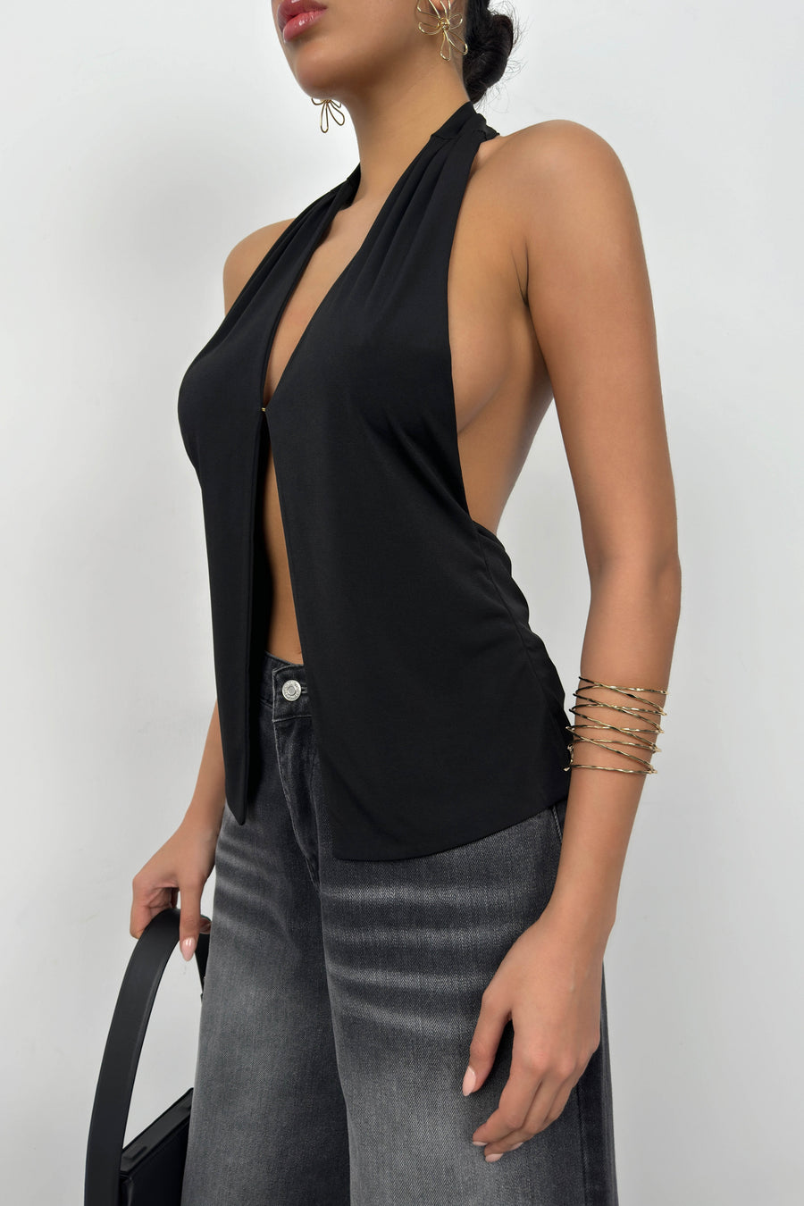 V Neck Backless Black Blouse 