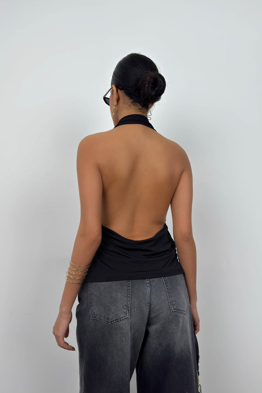 V Neck Backless Black Blouse 