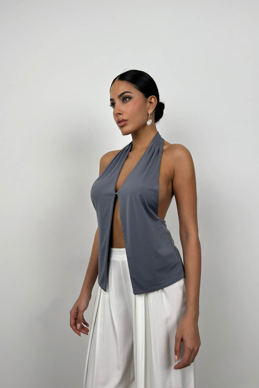 V Neck Backless Gray Blouse