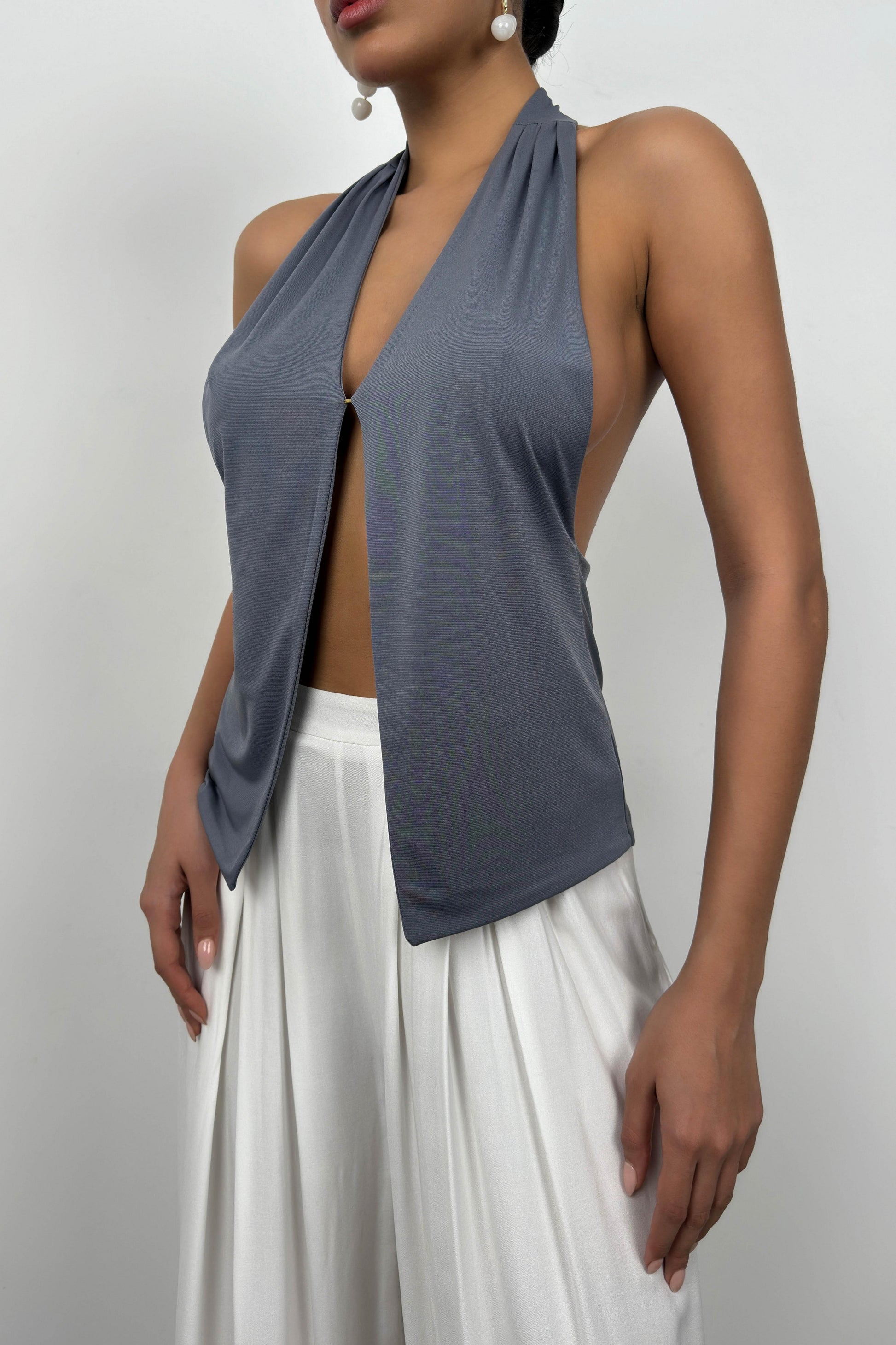 V Neck Backless Gray Blouse