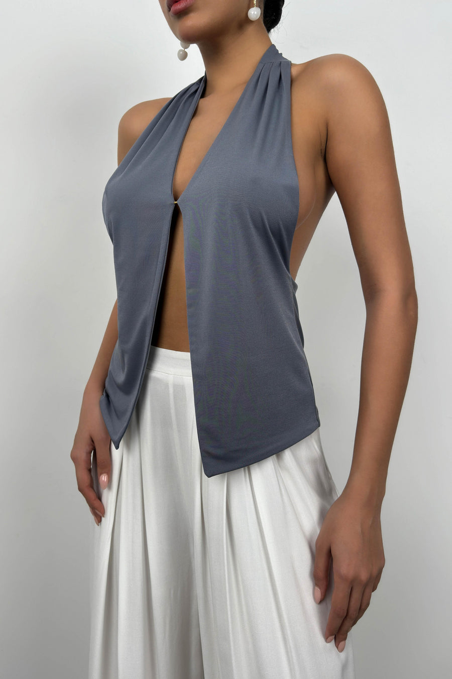 V Neck Backless Gray Blouse