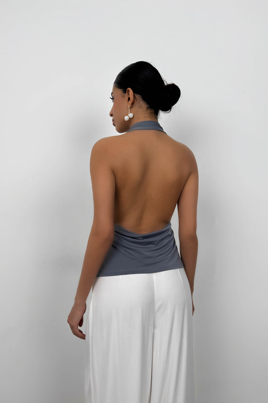 V Neck Backless Gray Blouse