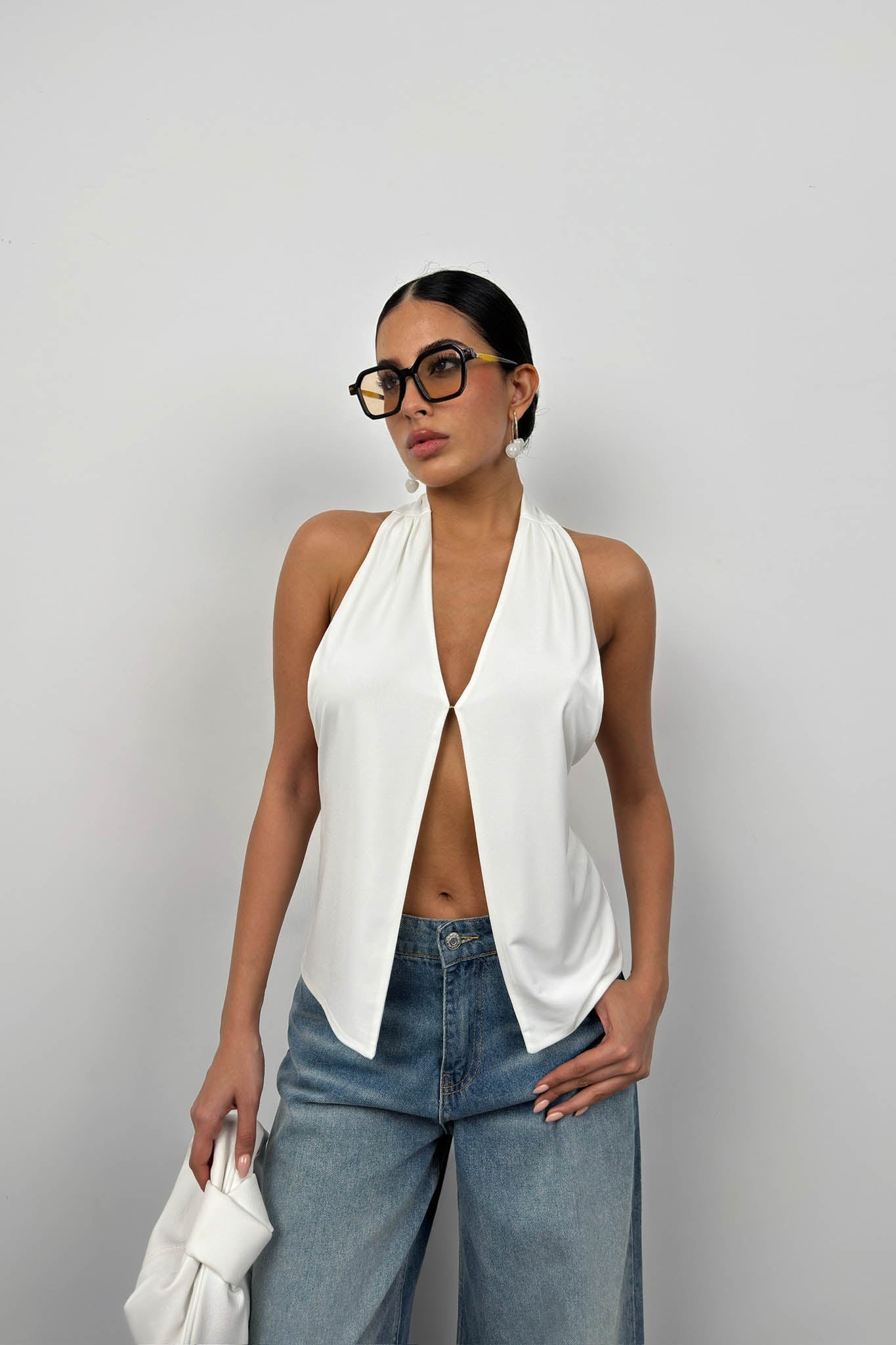 V Neck Backless Ecru Blouse 