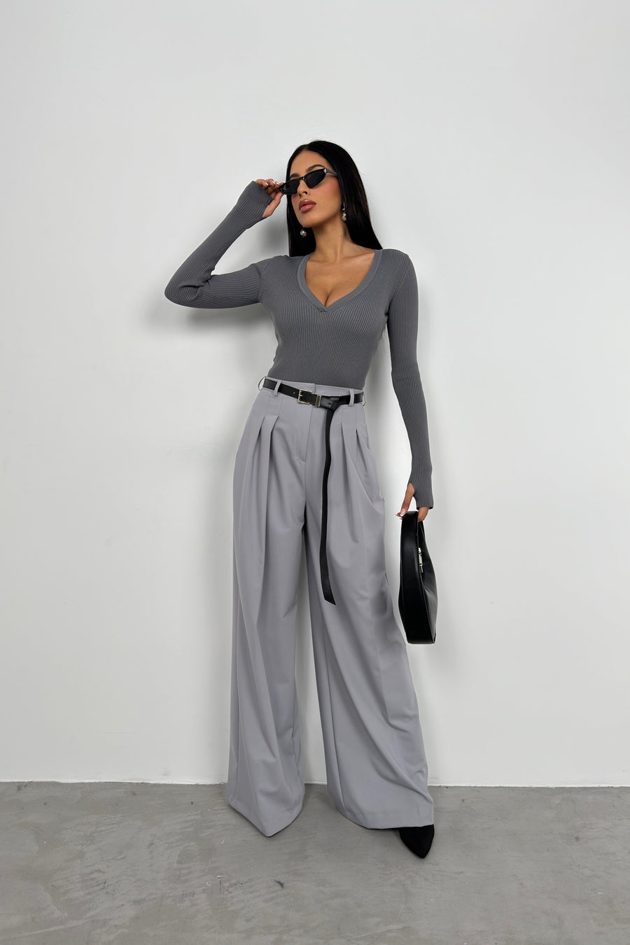 V Neck Knitted Gray Bodysuit 