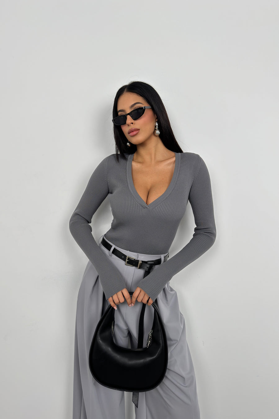 V Neck Knitted Gray Bodysuit 