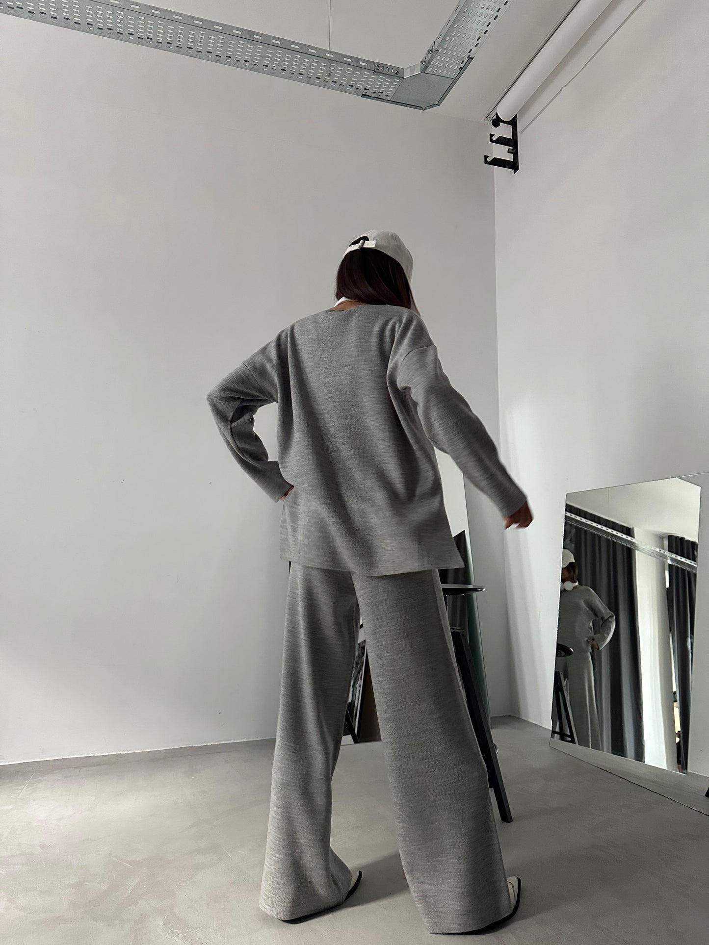 V Neck Knitted Gray Sweater Trousers Set 