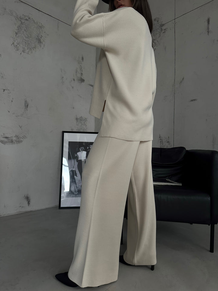 V Yaka Triko Kazak Bej Pantolon Takım