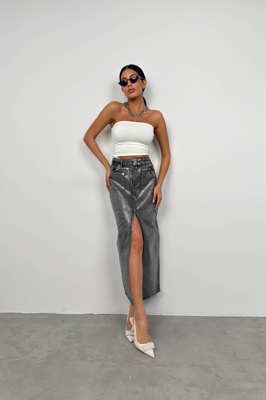 Foil Printed Slit Gray Maxi Denim Skirt 