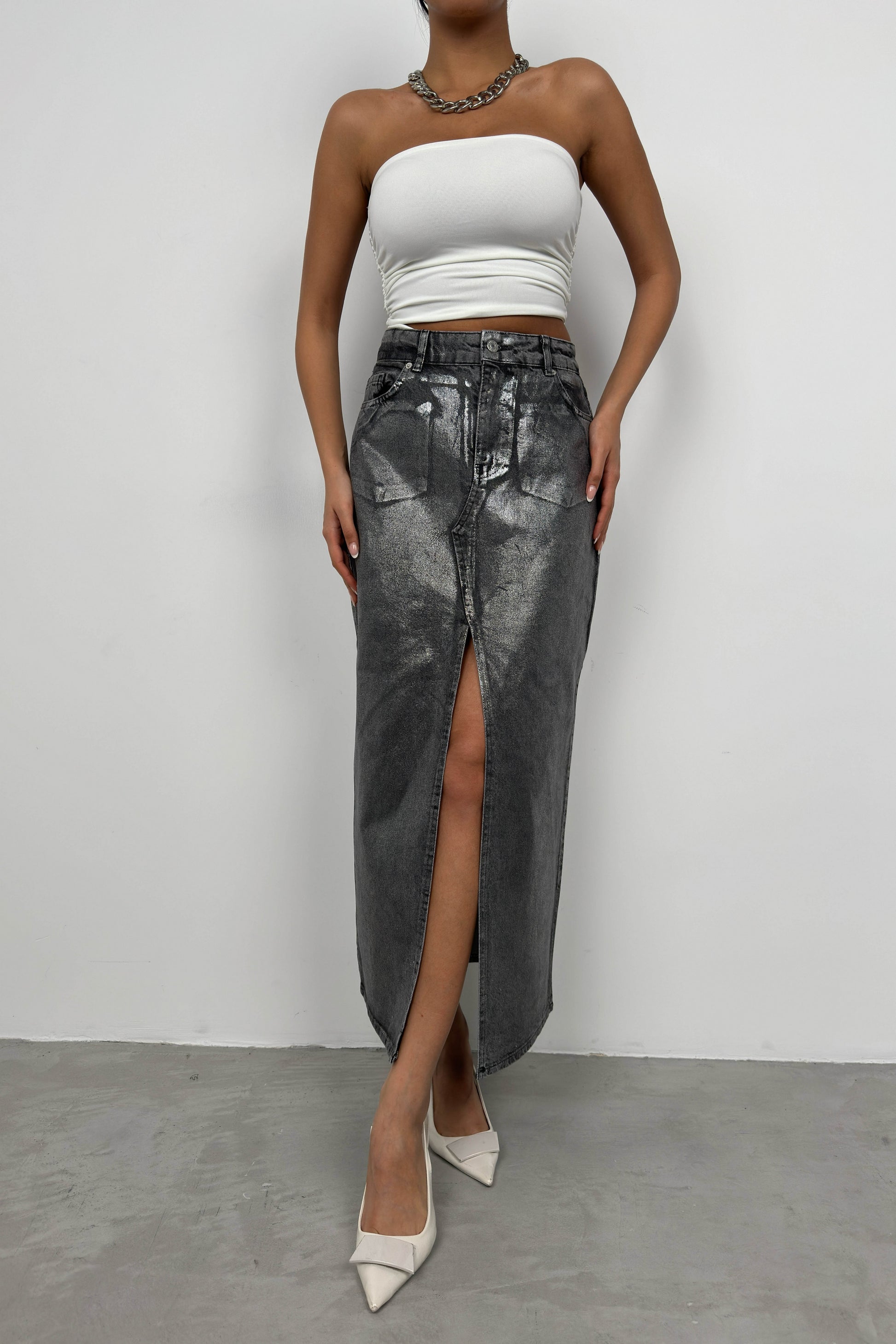 Foil Printed Slit Gray Maxi Denim Skirt 