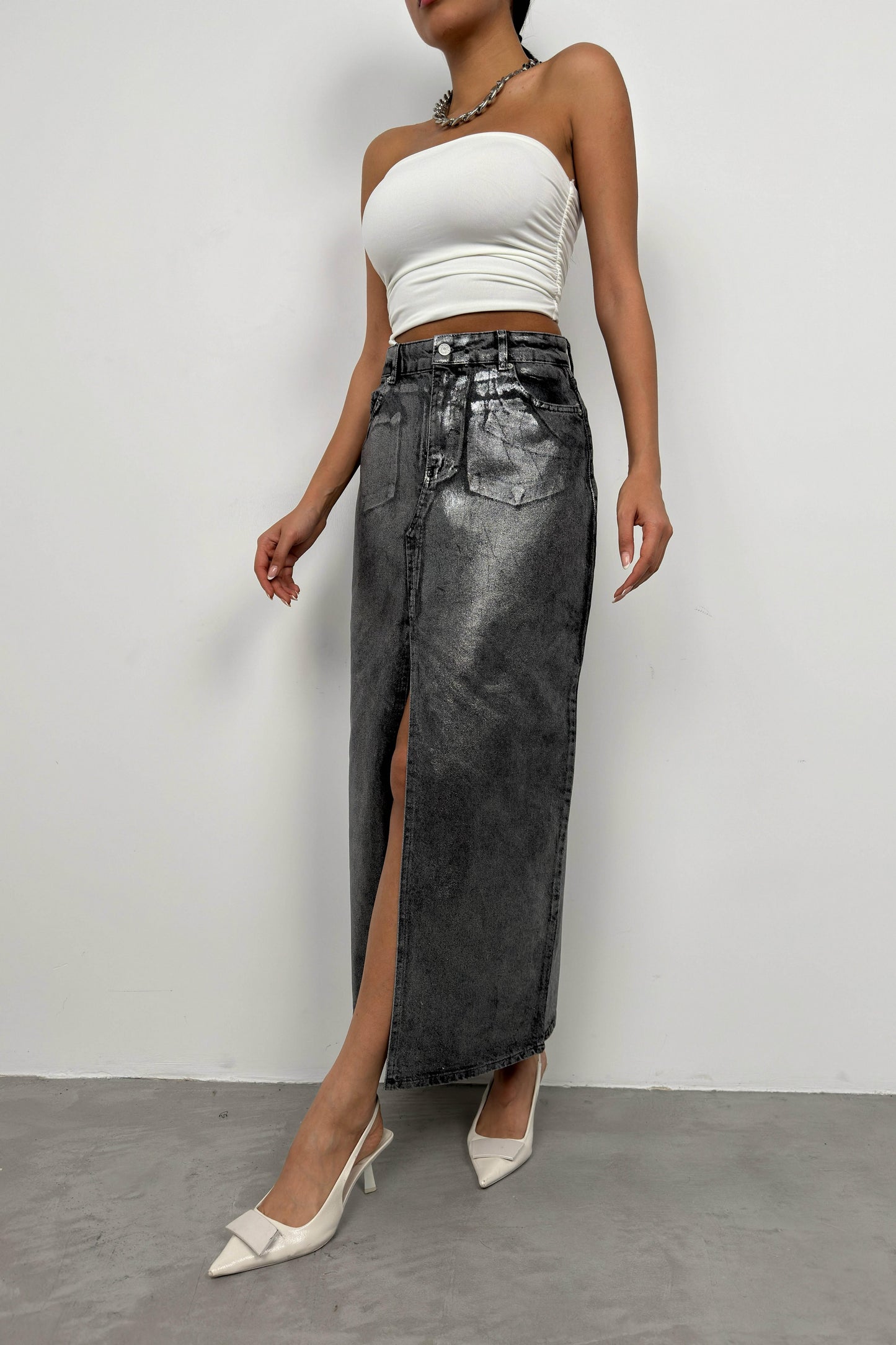 Foil Printed Slit Gray Maxi Denim Skirt 