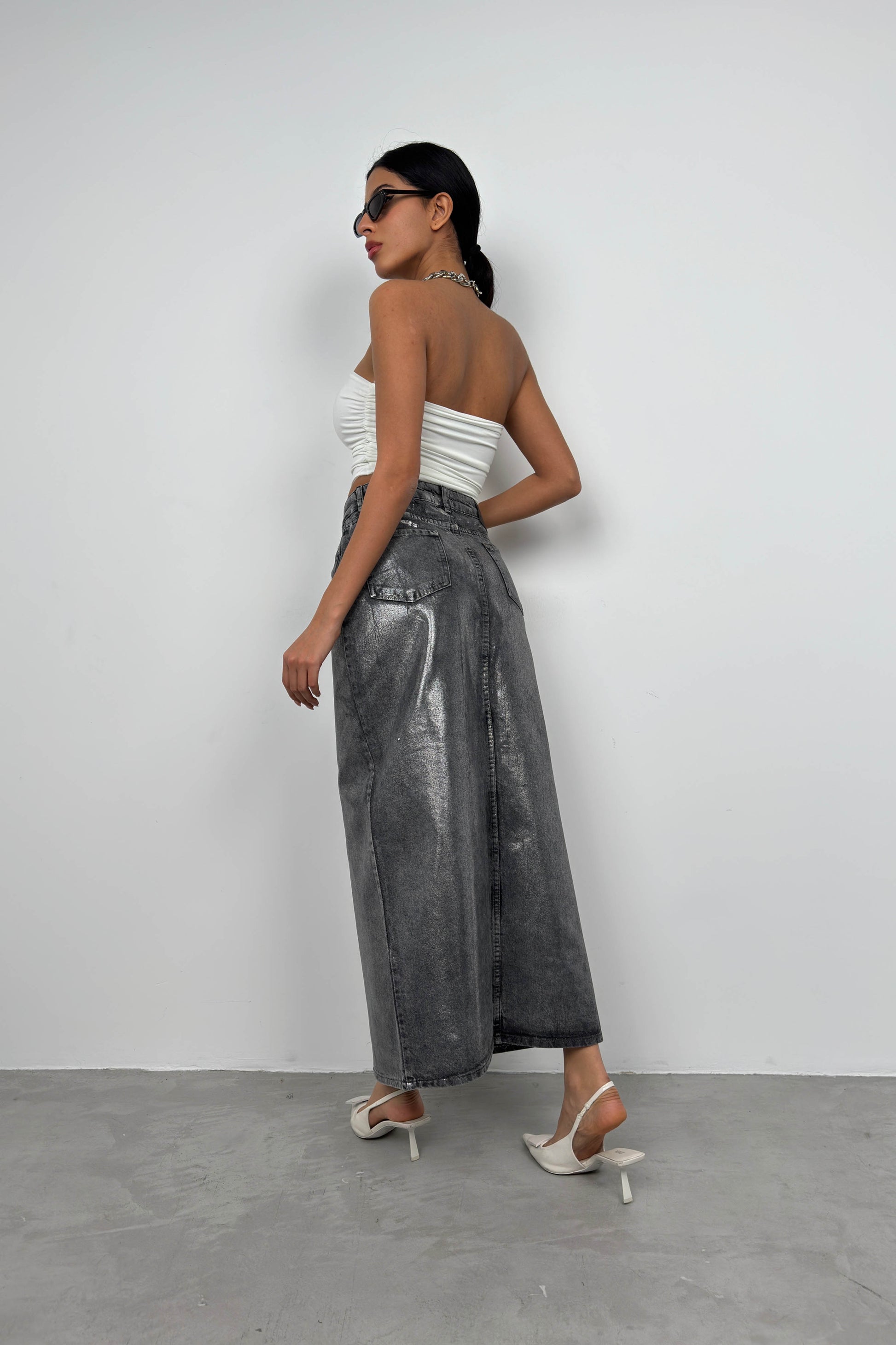 Foil Printed Slit Gray Maxi Denim Skirt 