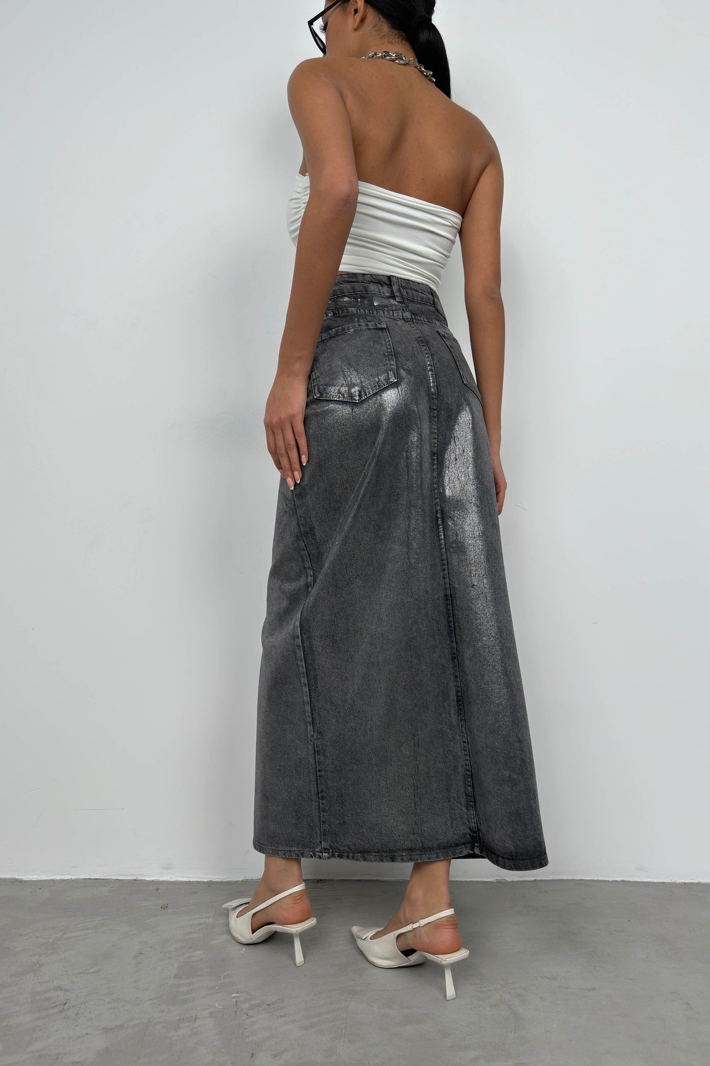 Foil Printed Slit Gray Maxi Denim Skirt 