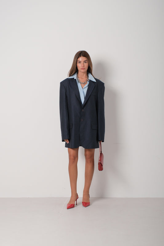 Striped Navy Blue Oversize Blazer with Padded Detail