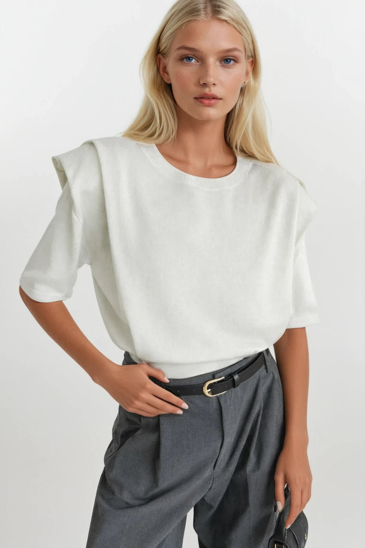 Vatka Detay Yarım Kol Beyaz Triko Bluz