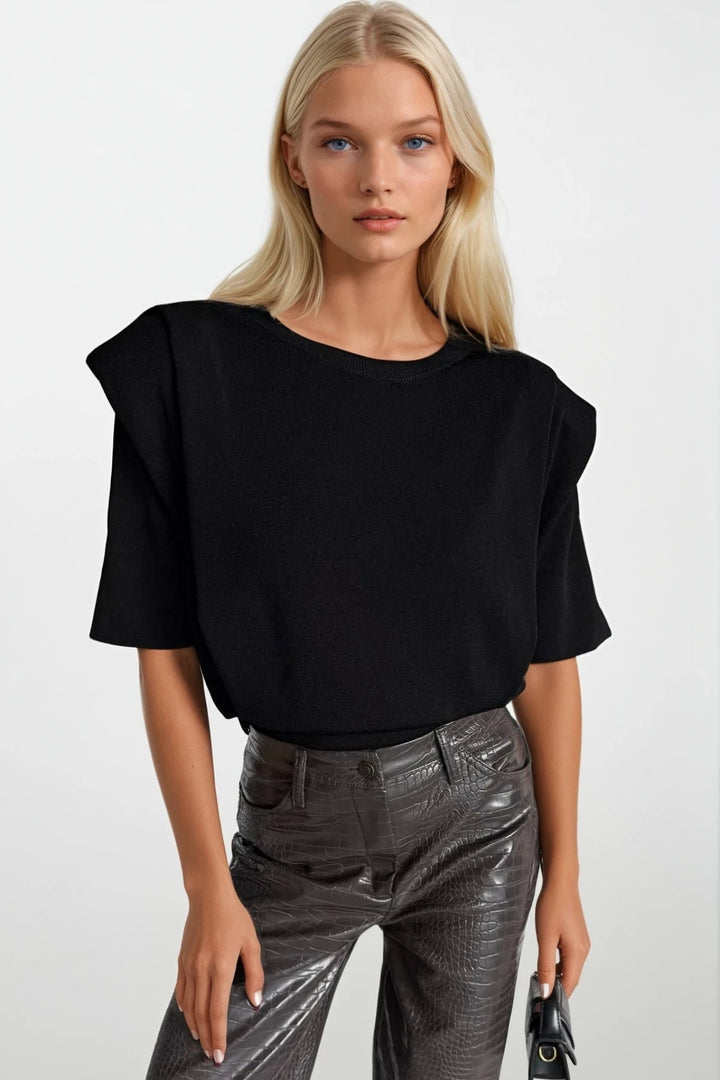 Vatka Detay Yarım Kol Siyah Triko Bluz