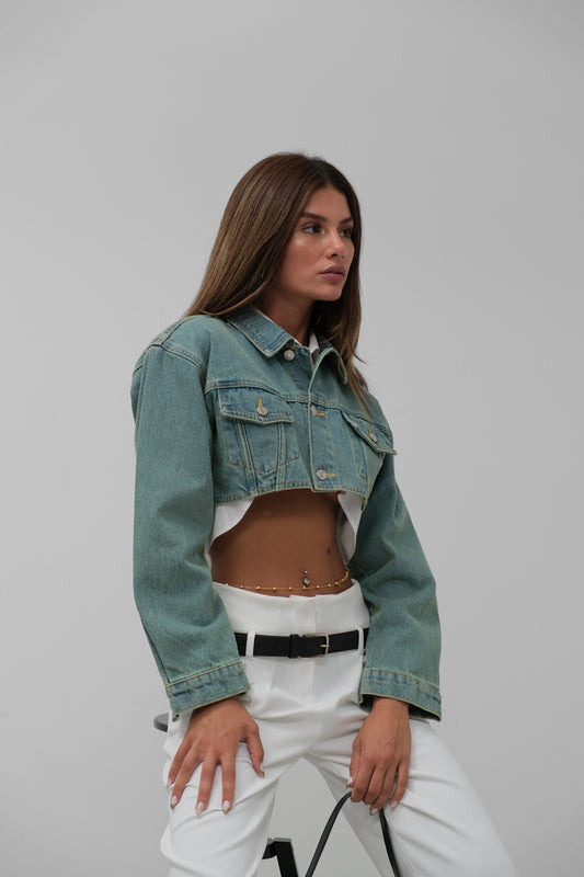 Padded Crop Navy Blue Denim Jacket 