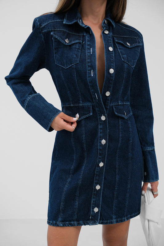 Padded Navy Blue Denim Dress 