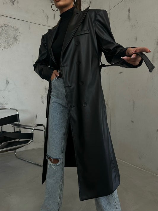 Black Leather Trench Coat with Pads