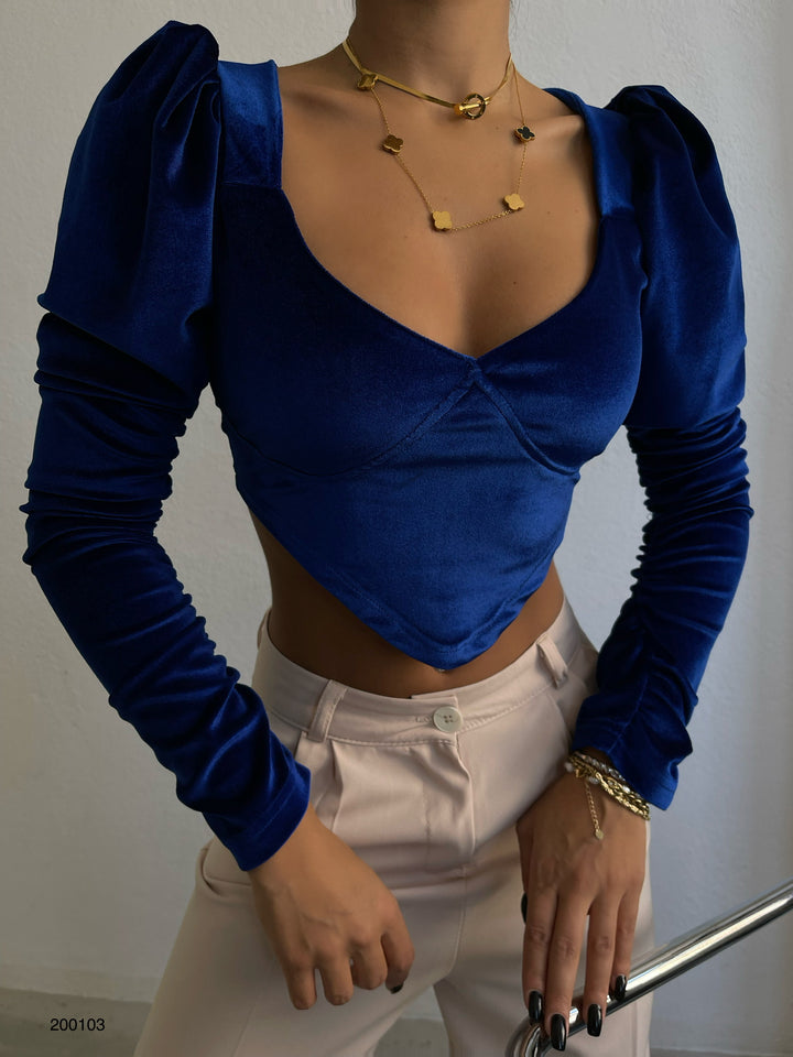 Vatkalı V Yaka Saks Kadife Bluz