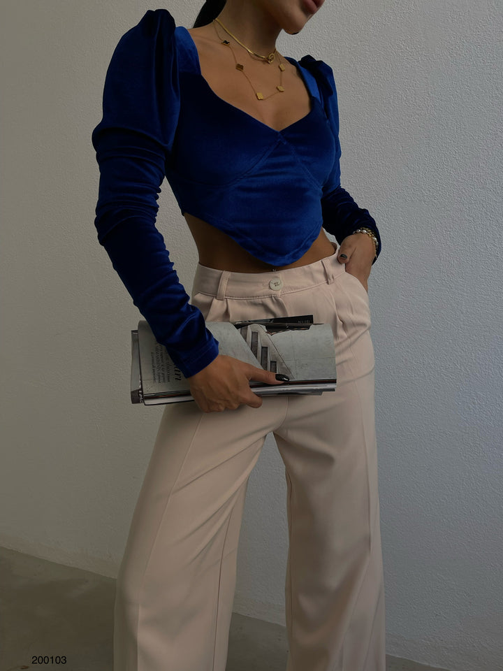 Vatkalı V Yaka Saks Kadife Bluz