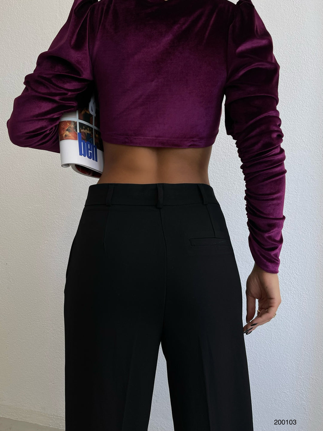 Vatkalı V Yaka Mürdüm Kadife Bluz