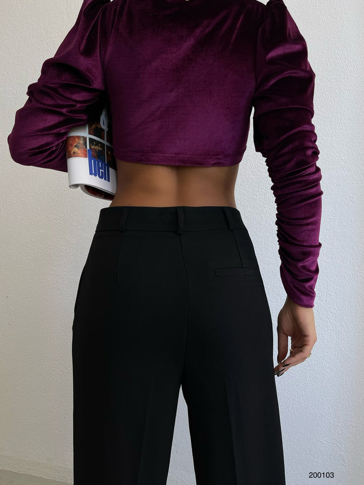 Vatkalı V Yaka Mürdüm Kadife Bluz