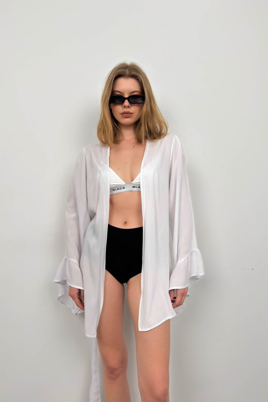 Flounce Sleeve Laced White Kimono 