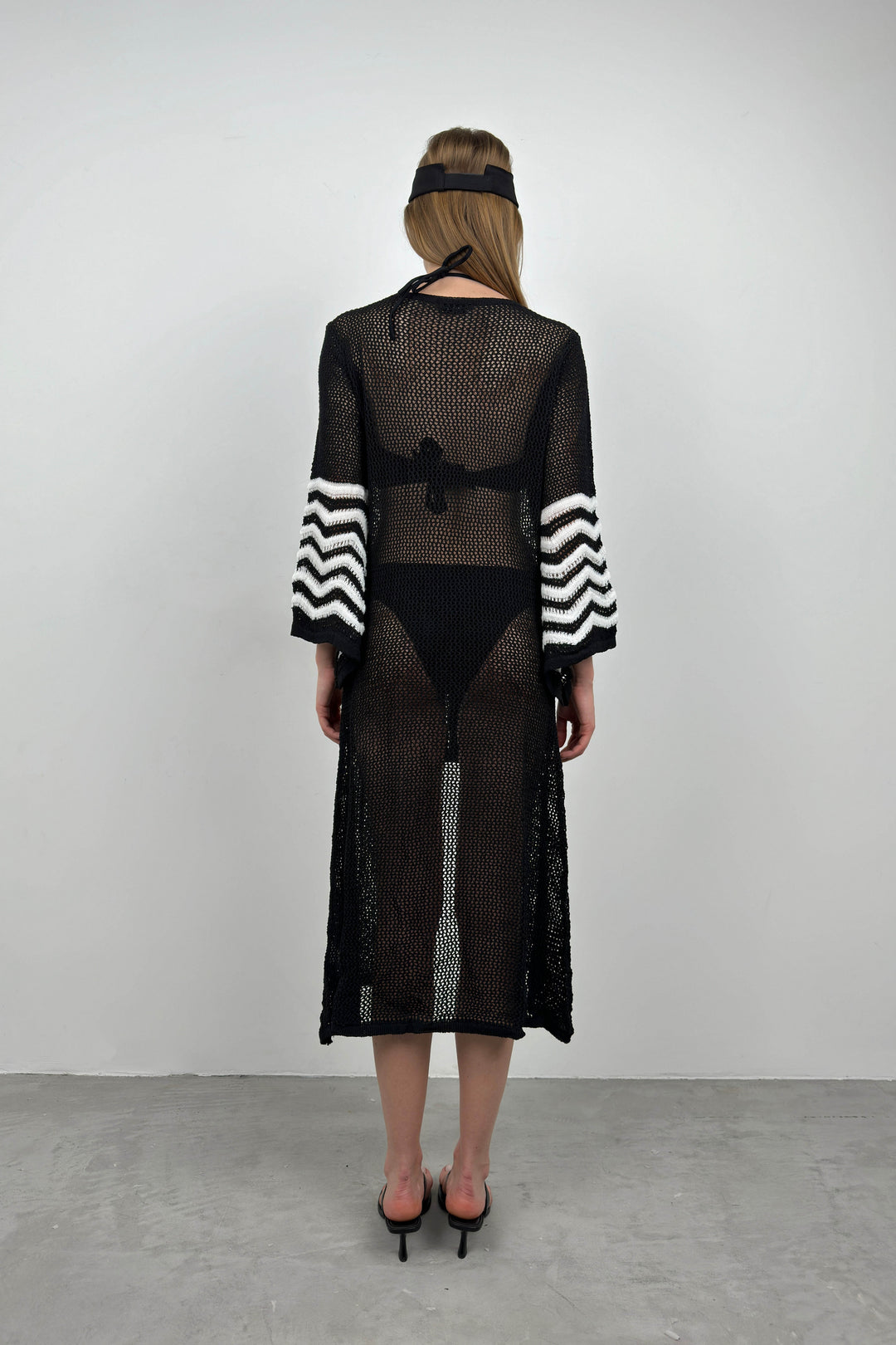 Volan Kol Bağcıklı Siyah Örgü Pareo