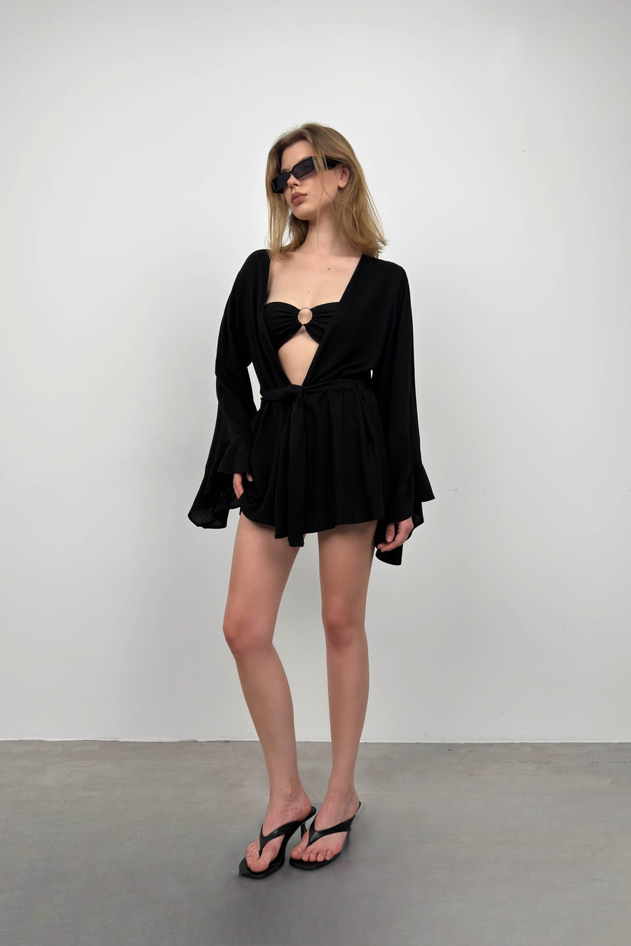 Flounce Sleeve Laced Black Kimono