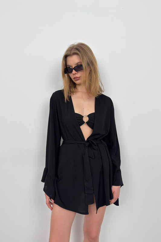 Flounce Sleeve Laced Black Kimono