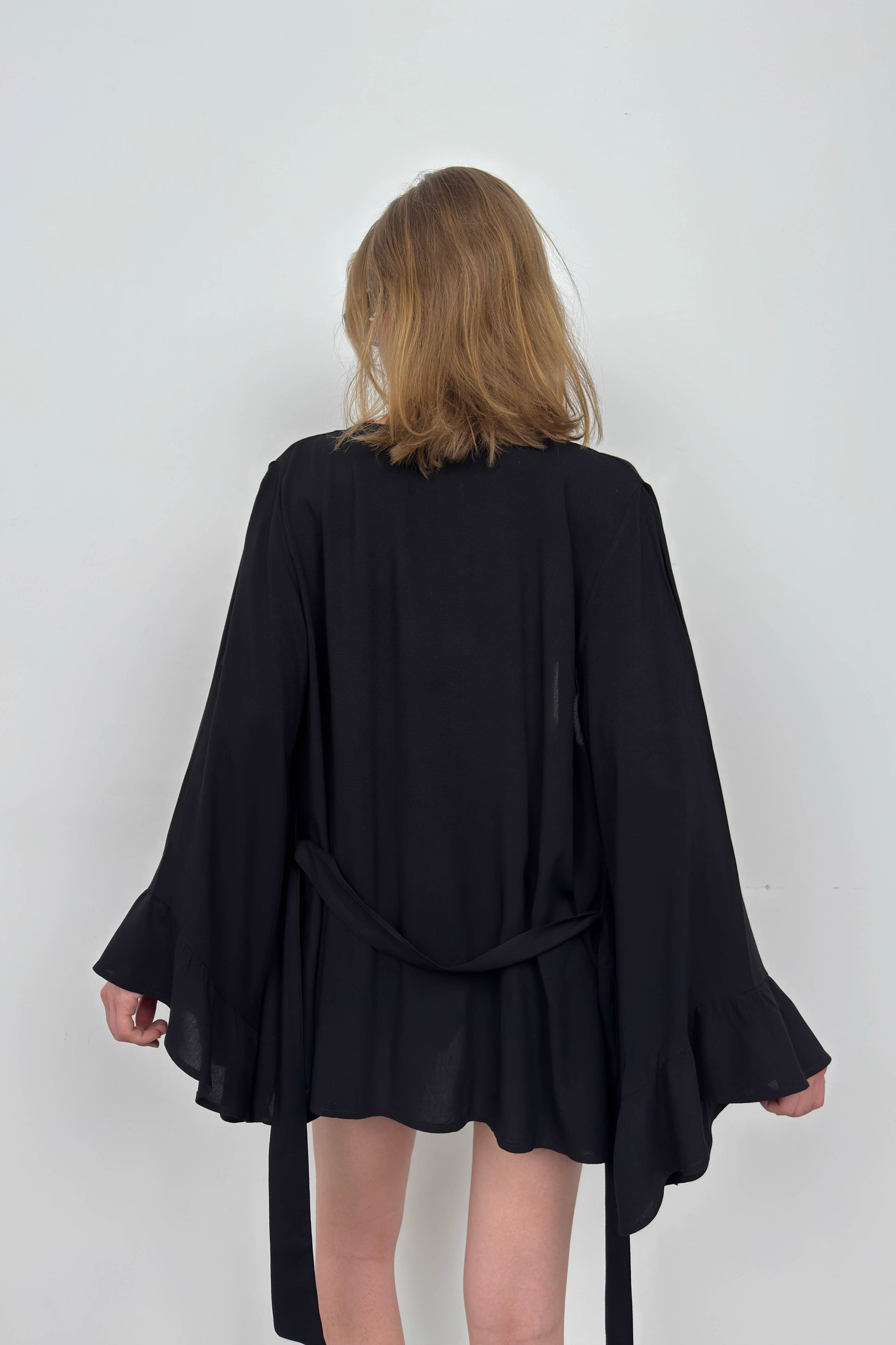 Flounce Sleeve Laced Black Kimono