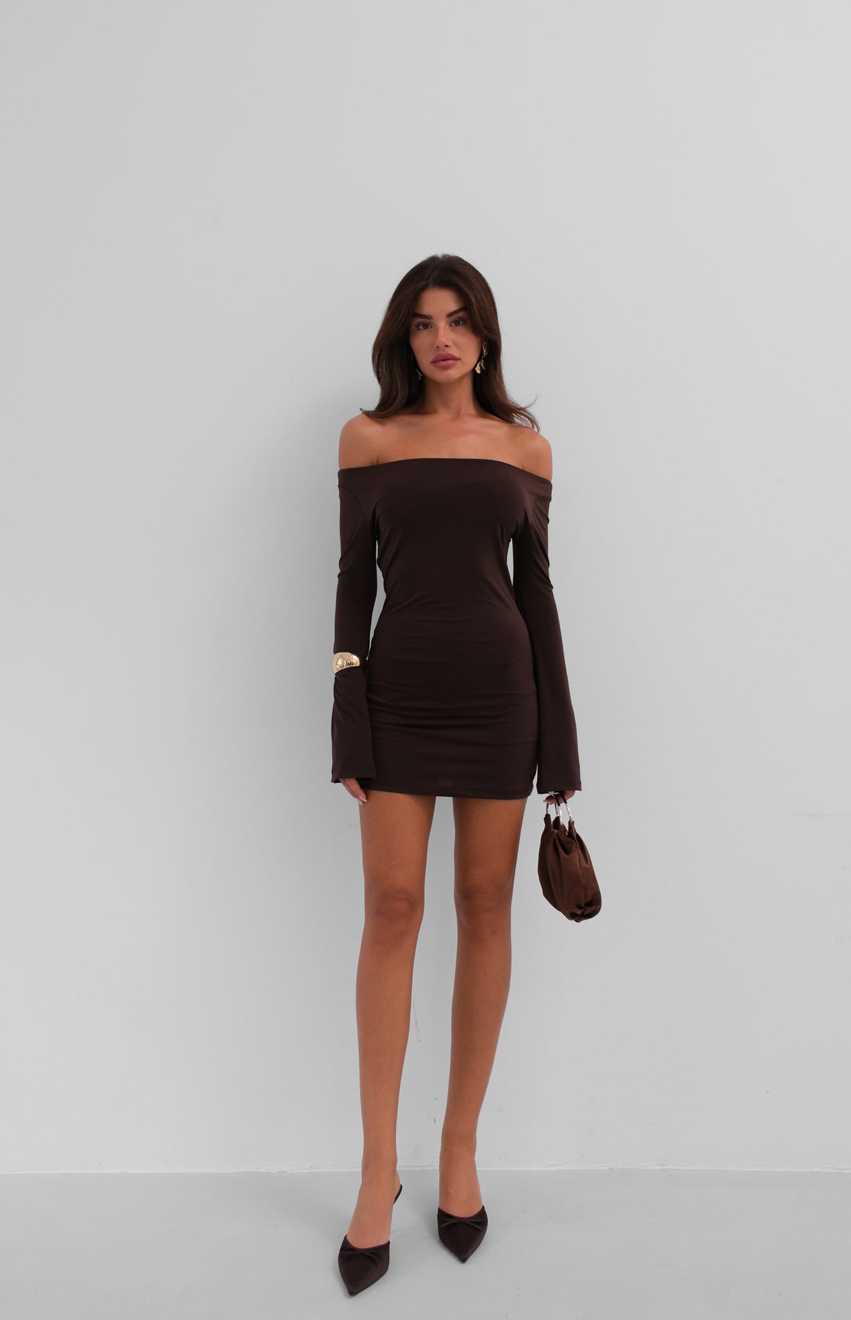 Flounce Sleeve Brown Strapless Mini Dress 