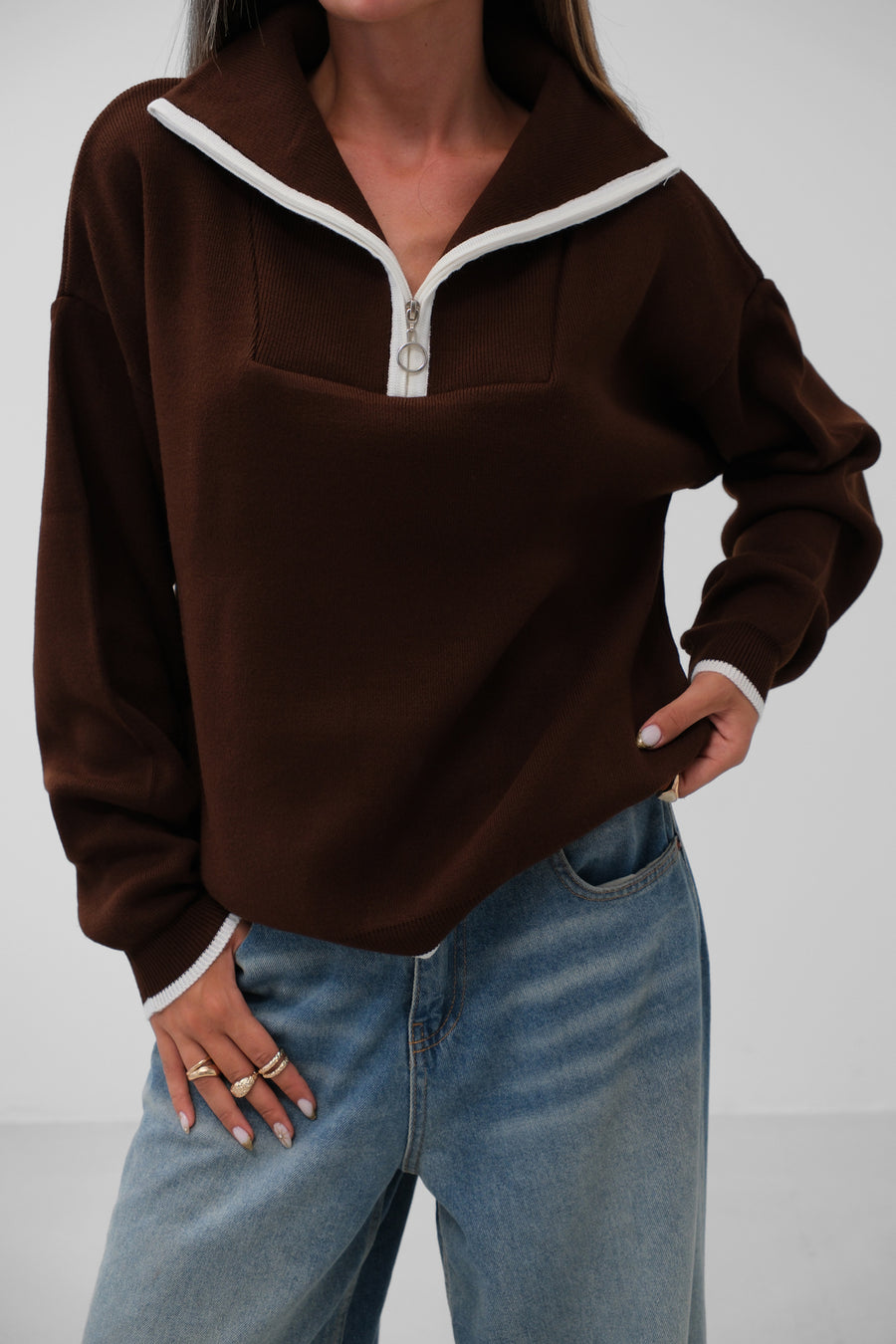 Collar Zipper Detail Brown Oversize Sweater