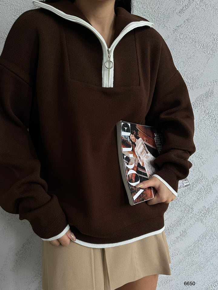 Yaka Fermuar Detay Kahverengi Oversize Kazak