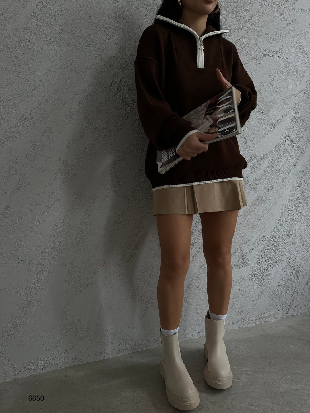 Yaka Fermuar Detay Kahverengi Oversize Kazak