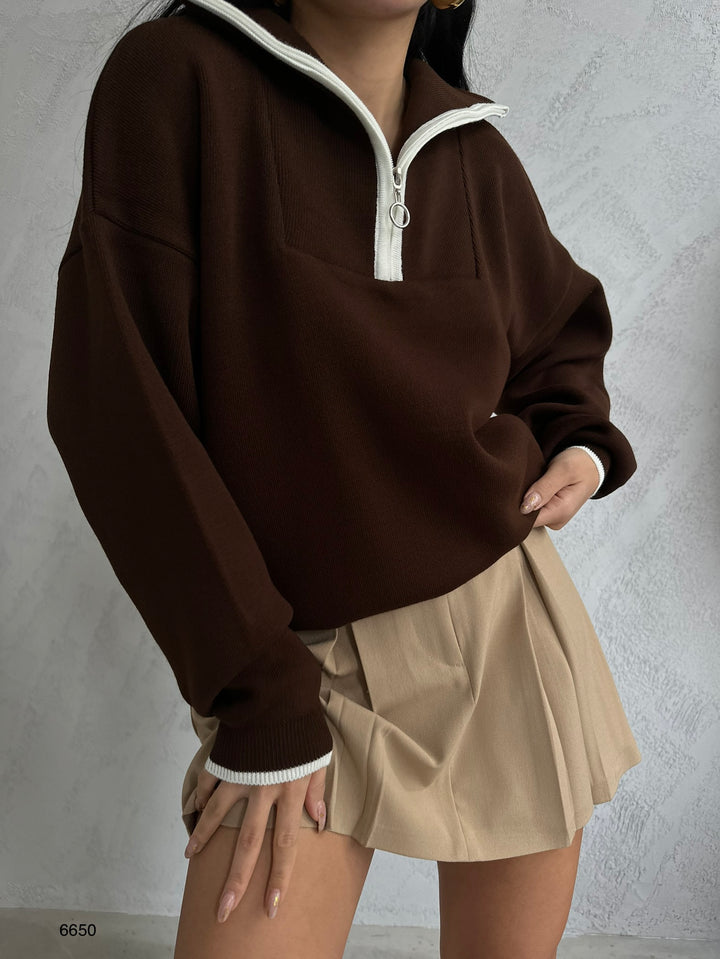 Yaka Fermuar Detay Kahverengi Oversize Kazak