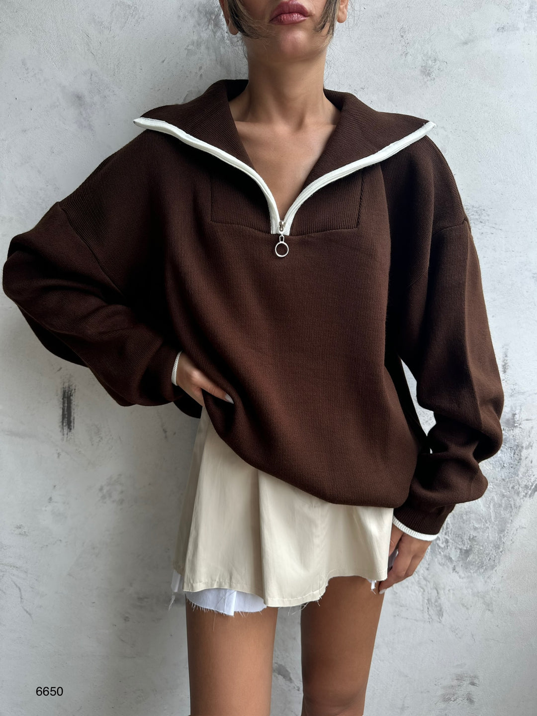 Yaka Fermuar Detay Kahverengi Oversize Kazak