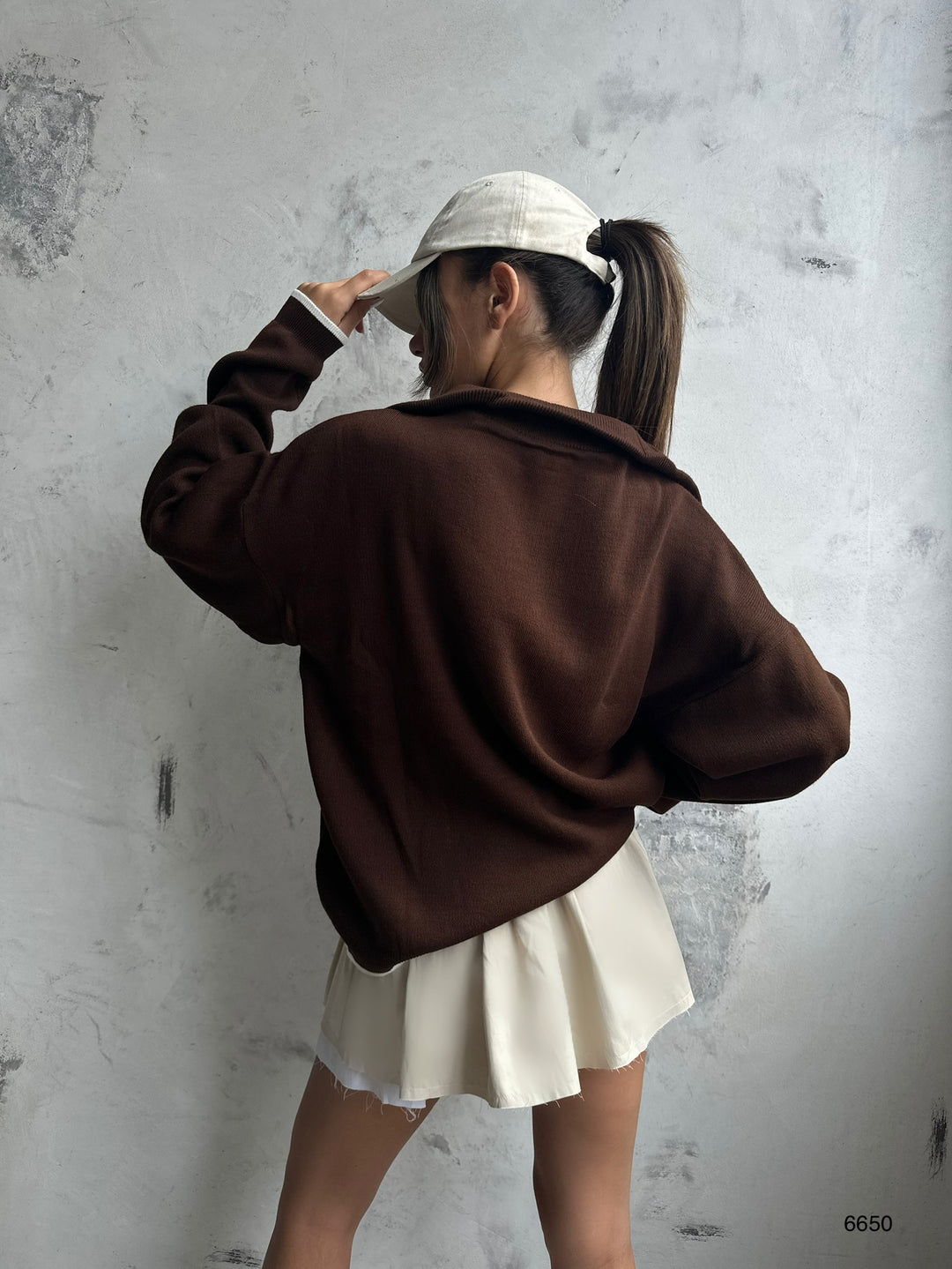 Yaka Fermuar Detay Kahverengi Oversize Kazak